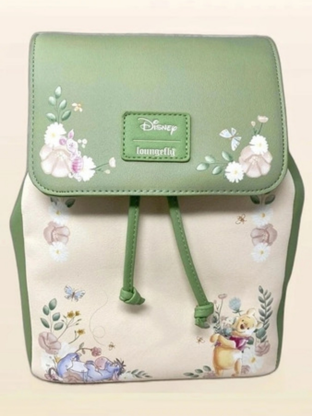 Disney Winnie The Pooh N Friends Floral Backpack Purse in Sage/cream Leather NWT